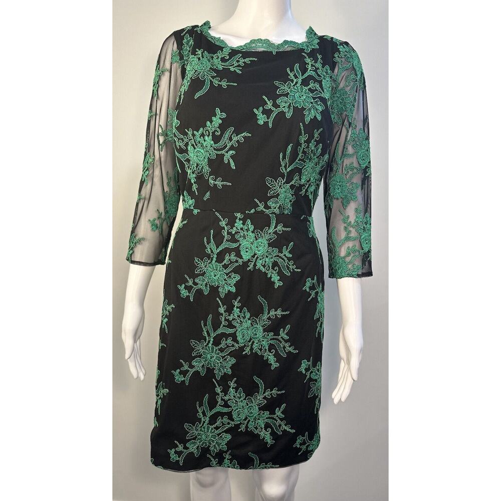 Hailey By Adrianna Papell Evening Dress Green Lace Embroidery Long Sleeve Sz-8